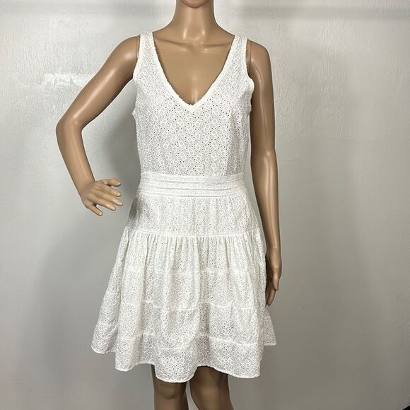 Maje White Cotton Sleeveless Eyelet Tiered Mini Dress Size L - Picture 1 of 12